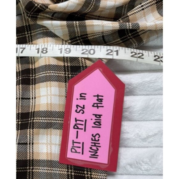 New Glory Off The Shoulder Crop Front Tie Knot Button Brown Peach Plaid WM 2X - Picture 15 of 16